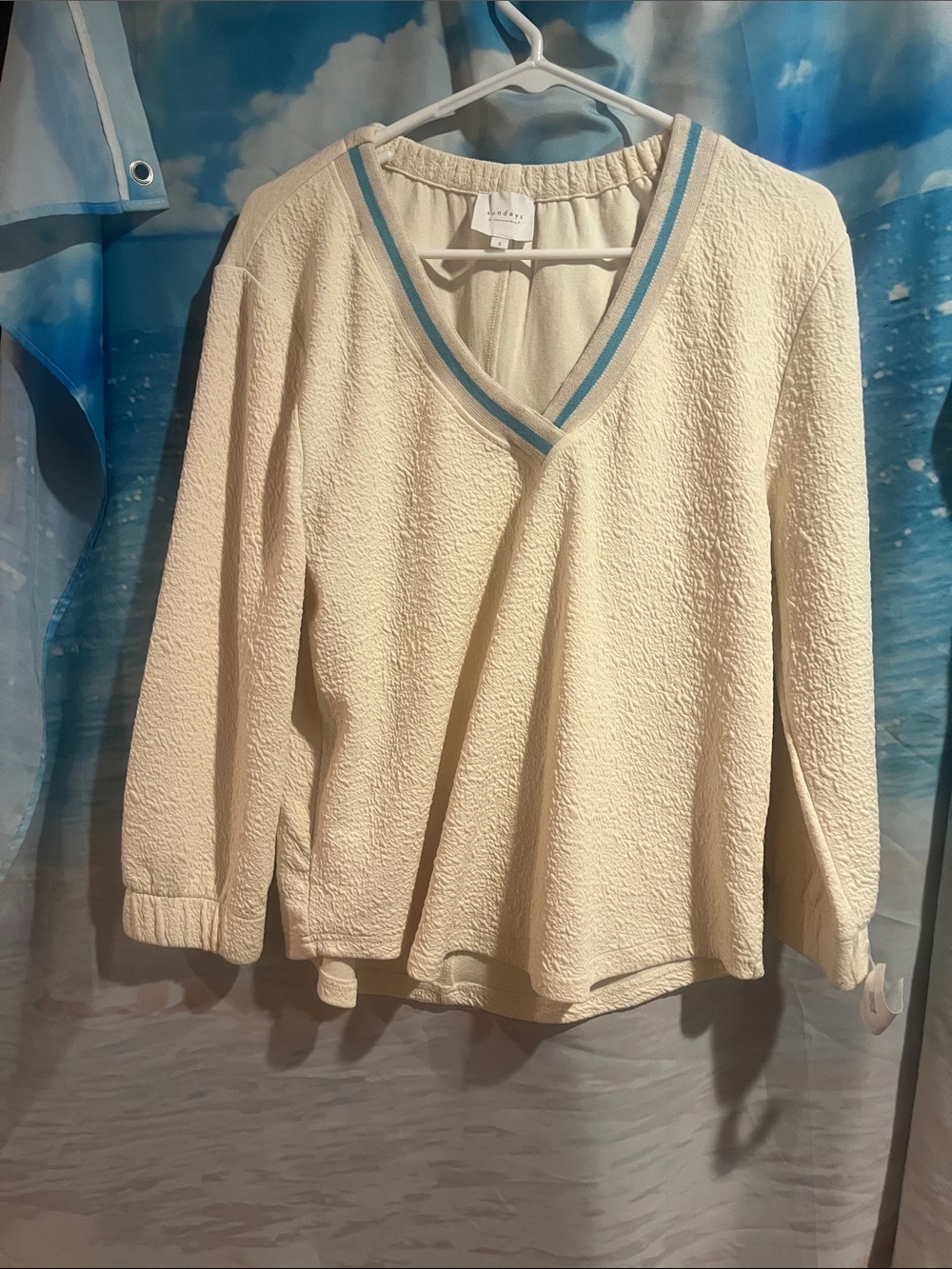 sundays Roxanne Cream V-Neck Textured Sweater with Light Blue Trim